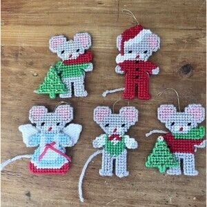 Handmade Vtg Mice Needlepoint Ornaments Set of 5 Beaded Christmas Holiday